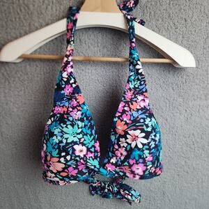 Island Escape Halter Bikini Top Black Floral Print Size 16 NWOT